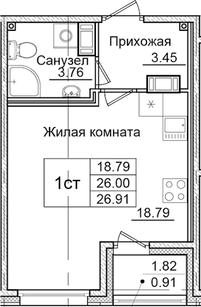 Квартира студия 26.91 м², 5/9 эт., ЖК «Квартал Заречье»
